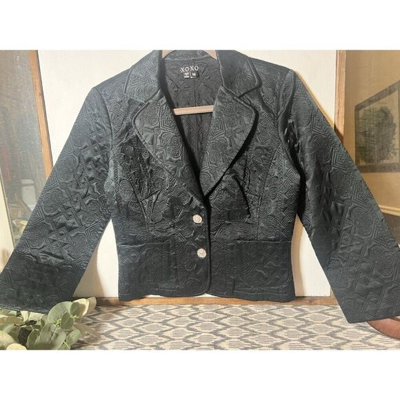 Black XOXO Jacket Silk M Vintage Blazer Fitted Y2K Cropped Office Siren Baddy - Picture 1 of 10